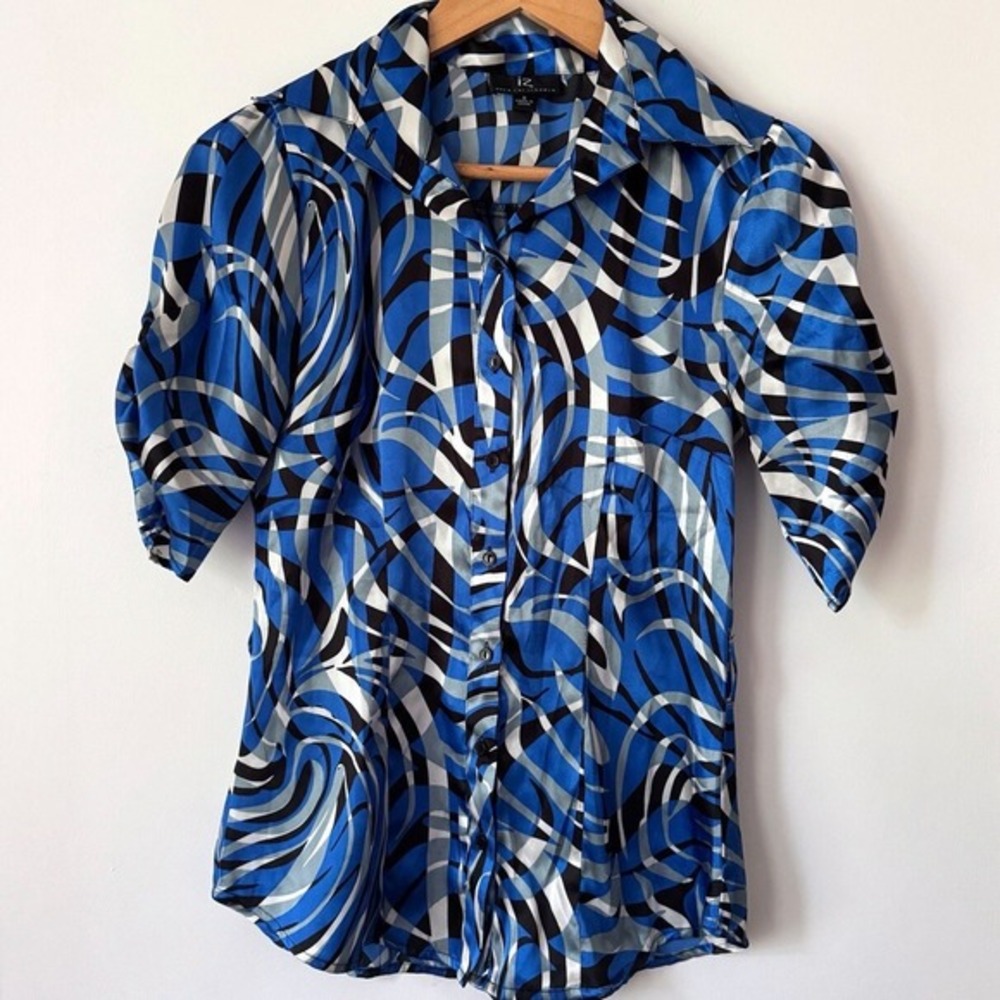 Y2K Silky Blouse Button Up Womens Sz S‎ Retro Career Slinky Blue Work Trippy Fun